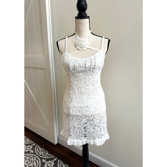 For Love & Lemons NWT White Lace Floral Choker Neck Harriet Mini Dress Medium - Picture 2 of 14